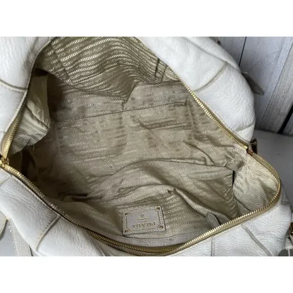 Prada Taupe Gold Leather Antik Cervo Fringe Large Bowler Bag Top Handle - Picture 10 of 16